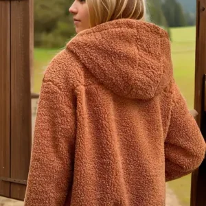 کاپشن بمبری پلووش با کلاهدار دارچینی KS2503 - 13036