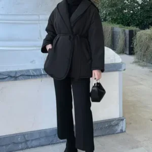 کاپشن بادی با کمربند صاف 5912 - مشکی - 12588