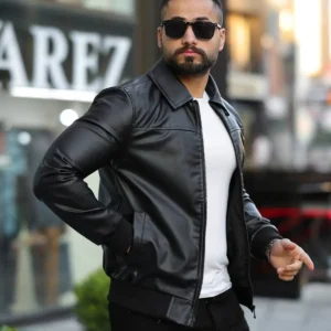 کت چرم با یقه پلیس و فیت اسلیم - 11915