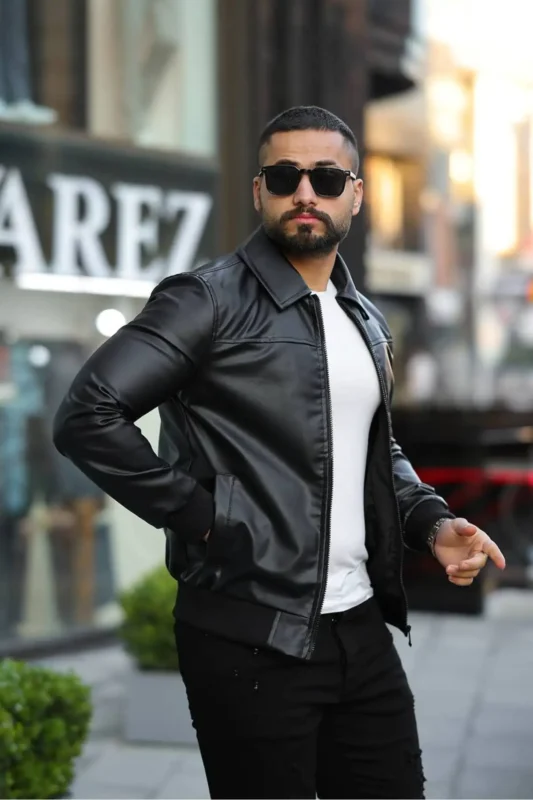 کت چرم با یقه پلیس و فیت اسلیم - 11915