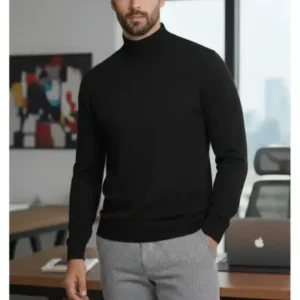 پولوشرت مردانه مشکی یقه نیمه ایستاده با برش استاندارد و متناسب از ترکیب پشم و آکریلیک - 12908