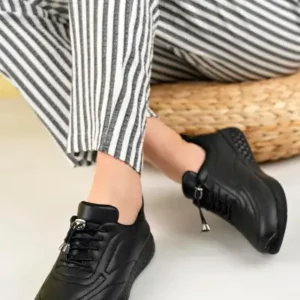 کفش باله زنانه راحت و شیک با رویه چرم مشکی، طراحی روزمره و راحتی ارگونومیک، دارای کفی pu و زیره ضد لغزش. - 12776