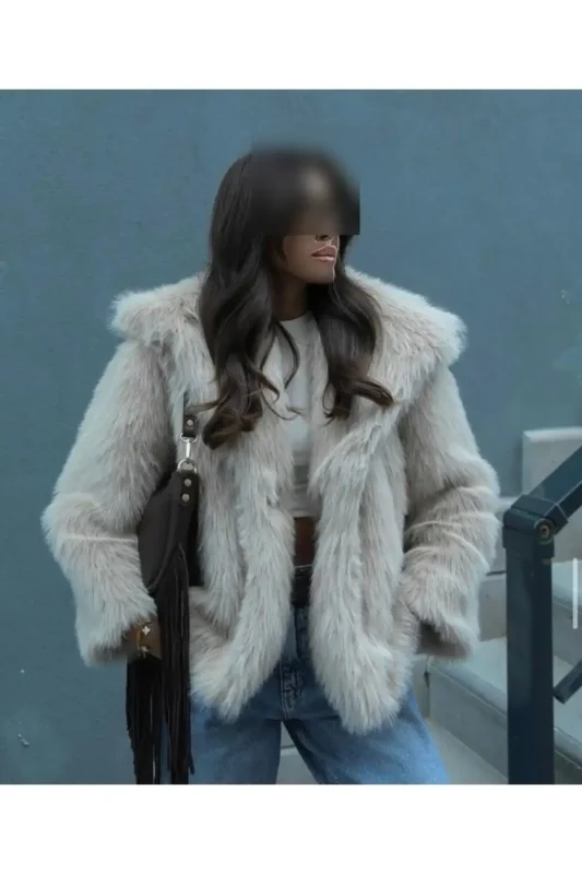 کت جکت فانتزی زنانه بژ رنگ از جنس مصنوعی پشمی - 11863