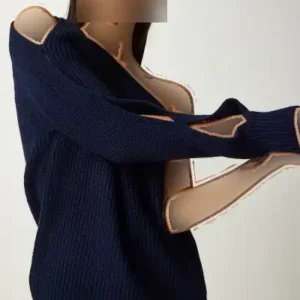 ژاکت بافتنی یک آستینه با جزئیات پنجره، رنگ سرمه‌ای - 12248