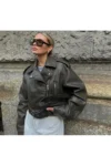 ژاکت چرم زیپ‌دار کمر دار اورسایز هاکی - 11816