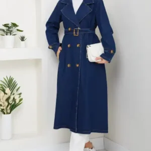 کت ترنچ زنانه با یقه کراوات و کمربند جین - 12564