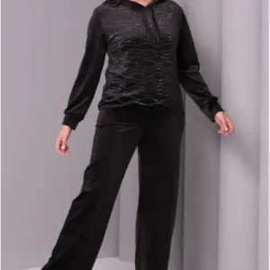 ست ورزشی کلاهدار بزرگ‌سایز مشکی با تزئینات سنگی از جنس مخمل 65N39182 - 12505