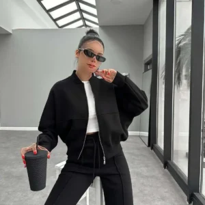 ست شلوار و سویشرت با جزئیات زیپ و آستری پشمی - 12010