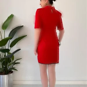 پیراهن کرپ با دامن زنجیری قرمز - 12004