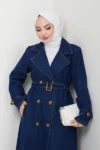 کت ترنچ زنانه با یقه کراوات و کمربند جین - 12564