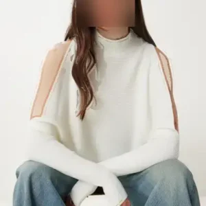 کاپشن زنانه کرم رنگ با جزئیات برش‌دار و سایز بزرگ مدل AS00015 - 12274