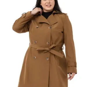 ترنچ‌کت شکلاتی با جیب‌های کروس، با کمربند و آستری دار بزرگ‌پوش - 12530
