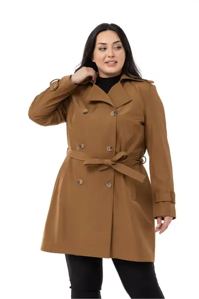 ترنچ‌کت شکلاتی با جیب‌های کروس، با کمربند و آستری دار بزرگ‌پوش - 12530
