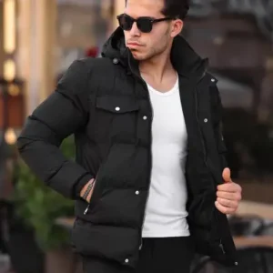 کاپشن زمستانی مشکی مردانه با کاپوشون قابل جدا شدن و داخلی پشمی ضد سرما - 12698