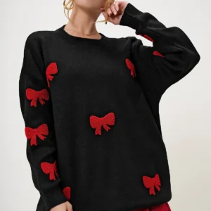 ژاکت زنانه با یقه گرد مشکی و گلدوزی پاپیون، مدل زمستانی ALC-X13232 - 11795