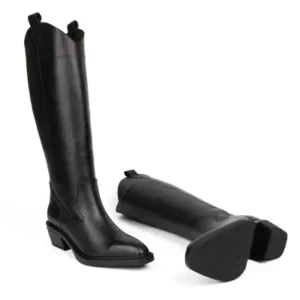 چکمه زنانه با نوک گرد چرم طبیعی وسترن رنگ مشکی - 12841