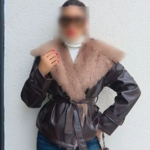 کت چرم با کمربند یقه‌دار - 11934