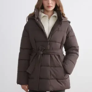 کاپشن زنانه پفی با کلاه و کمربند - 12640