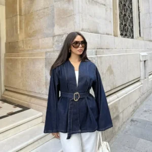 کت جین اورسایز با جزئیات کمربند - 11817