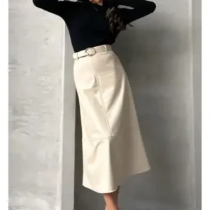 دامن پایه‌ای چرم مصنوعی با کمربند - 12894