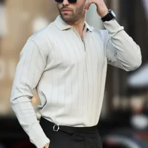 پليور يقه دار زيپ‌دار بافتنی به رنگ بژ 7242 - 12940