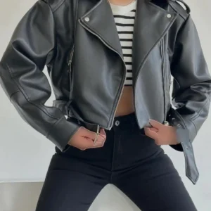 کاپشن چرم بایکِر مشکی بزرگ اندازه فصل جدید - 11827