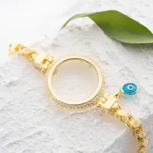 نقره با عیار 925 با روکش طلا و جزئیات چشم نظر، دستبند نیمه گرد. - 12124