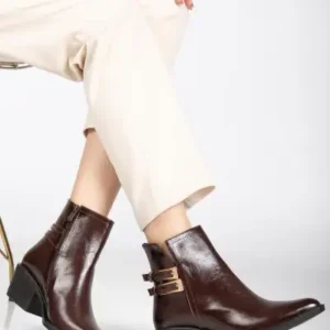 چکمه زنانه پاشنه‌دار قهوه‌ای براق نوک تیز وسترن توک‌دار - 12831