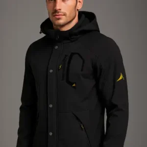 کاپشن مردانه مشکی با کلاه، نرم‌شل، ضد آب و ضد باد، با جیب‌های اضافی و داخلی پشم‌دار برای زمستان - 13087