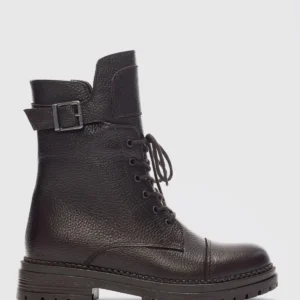 بوت زنانه با جزئیات قلاب چرم طبیعی فالون - قهوه‌ای - 11942