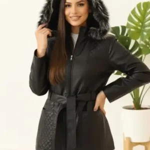 کاپشن زنانه مشکی با آستر پشمی و کلاهدار طرح سال 2026 ترک