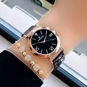 ساعت مچی زنانه با بند استیل مشکی و دستبند هدیه - مدل DKBH3940 - 12136