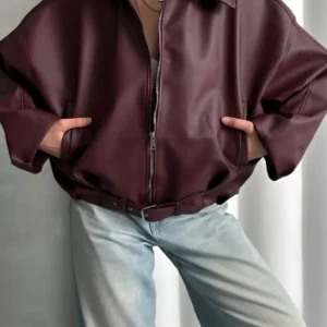 ژاکت بمبئی چرم سایز بزرگ Luvren با کمربند - 11872