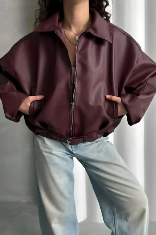 ژاکت بمبئی چرم سایز بزرگ Luvren با کمربند - 11872