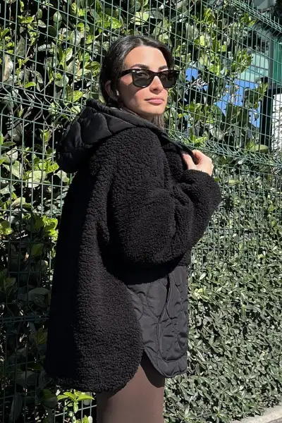 پالتوی مشکی کژوال با خز - 12613 پالتوی مشکی کژوال با خز - 12613