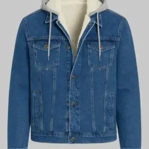 کاپشن جین آبی کلاهدار مردانه با پشم خز دار اضافی - 13089