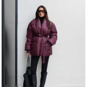 کاپشن پفکی با بند جلویی باز - 12044