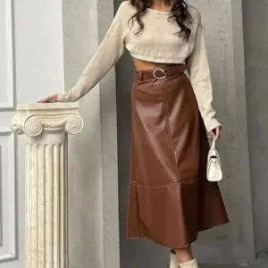 یک اندازه کوچکتر تهیه کنید - دامن میدی از چرم مصنوعی قهوه‌ای - 12898