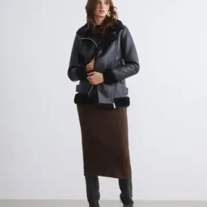 کاپشن زنانه چرم نما با یقه بیکر مدل LCW Vision - 12614