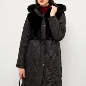 کاپشن پلوش‌دار کلاه‌دار با پارچه مخملی و قابلیت جدا شدن - سیاه 6781 - 12692