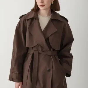 کت زنانه کاپوچین قهوه‌ای تیره با یقه برگردان و آستر - 12540