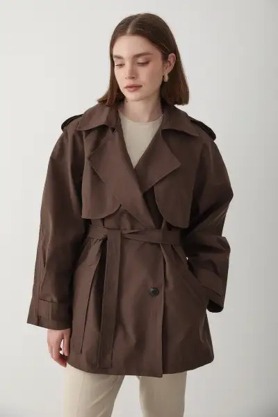 کت زنانه کاپوچین قهوه‌ای تیره با یقه برگردان و آستر - 12540