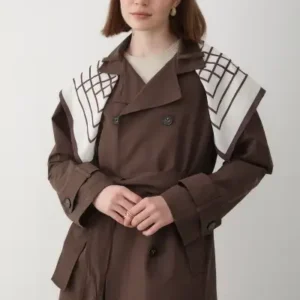 کاپشن ترنچ زنانه با یقه کراوات و جزئیات قهوه‌ای رنگ، دارای آستری بلند - 12572