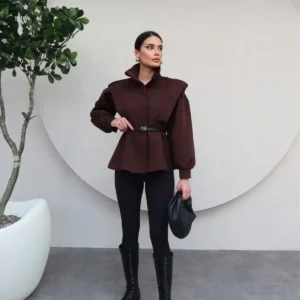 جاکت طراحی شده با کمر قهوه‌ای تلخ - 12035