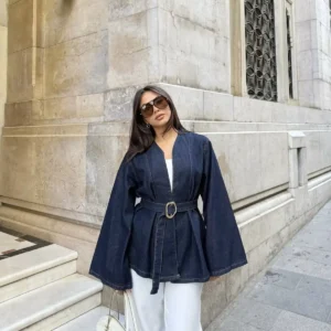 کت جین اورسایز با جزئیات کمربند - 11817