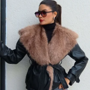 ژاکت چرم با یقه پشمی و کمربند دار - 12045