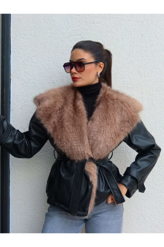 ژاکت چرم با یقه پشمی و کمربند دار - 12045