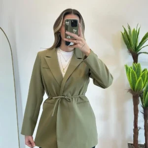 کت بلیزر زنانه با بند کمر خاکی - 11815