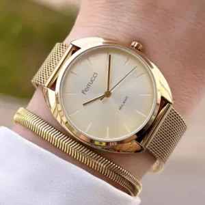 ساعت مچی زنانه با بند حصیری طلایی، سری خاص، بند طلایی که تغییر رنگ نمی‌دهد و اکسیداسیون ندارد. - 12162