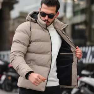 کاپشن چرم کربنی با طرح آرم و کلاه PLDP 2959 - 12292